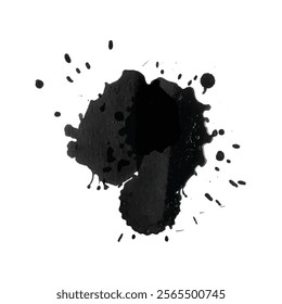 Isolated black ink splatter on white background with watercolor brush stroke stain dark drop texture abstract gray blot spray artistic spot for creative design and art project
