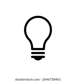 Icono de bombilla negra aislada presentado sobre un fondo blanco. Diseño gráfico de Vector simple y limpio, adecuado para representar ideas, innovación, energía y conceptos de iluminación.