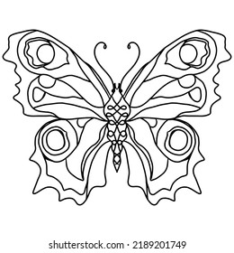 Isolated black line butterfly for tattoo, coloring book for adult and kids on the white background. Butterfly vector illustration