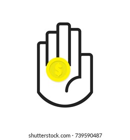 Isolated black line hand symbol holding yellow coin with dollar sign icon on white background