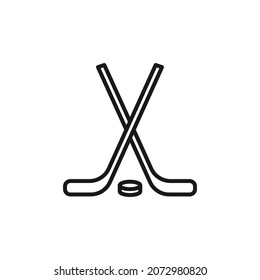 Isolated black line icon of hockey stick and puck on white background. Outline ice hockey icon. Logo flat design. Winter sport equipment.