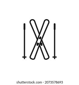 Isolated black line icon of pair of alpine skiing on white background. Outline pair ski with ski poles. Logo flat design. Winter mountain sport.