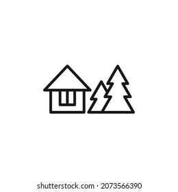 Isolated black line icon of rural house with christmas trees on white background. Outline cottage icon. Logo flat design.