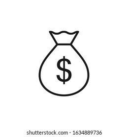 Isolated black line icon of sack, money bag on white background. Outline symbol of banking, rich. Logo flat design.