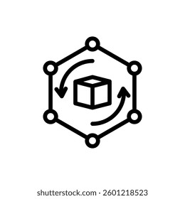 Isolated black line icon shows box rotating within connected hexagon shape against white background Great for demonstrating logistics and processes.