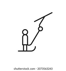 Isolated black line icon of skier on ski lift on white background. Outline t-bar lift. Logo flat design. Winter mountain sport.