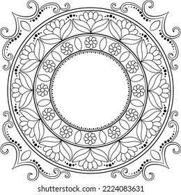 Isolated black mandala frame with flowers motif pattern and corners