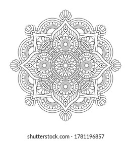 Isolated black mandala in vector. Round flower line unpainted pattern. Vintage monochrome element for coloring pages and design