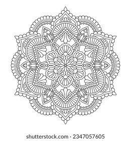 Isolated black mandala in vector. Round flower line unpainted pattern. Vintage monochrome element for coloring pages and design