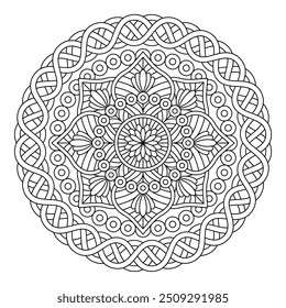 Isolated black mandala in vector. Round flower line unpainted pattern. Vintage element for coloring pages and design