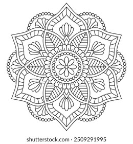 Mandala preta isolada em vetor. Padrão não pintado de linha de flor redonda. Elemento monocromático vintage para colorir páginas e design