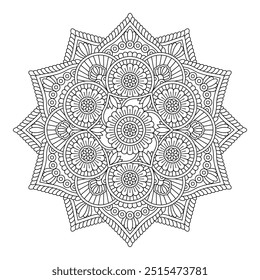 Isolated black mandala in vector. Round flower line unpainted pattern. Vintage monochrome element for coloring pages and design