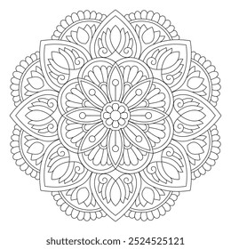 Isolated black mandala in vector, Round line pattern coloring book page, vector file, tattoo design, wall art, simple mandala art, Design for a wallpaper Paint shirt and tile Sticker, vector file