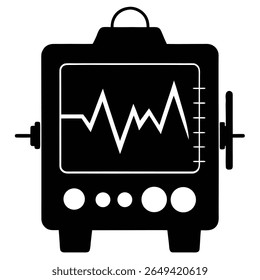 Isolated in black, the medical monitor presents a stark white heart rate reading within its screen. Several round buttons are aligned along the bottom; transparent backdrop.