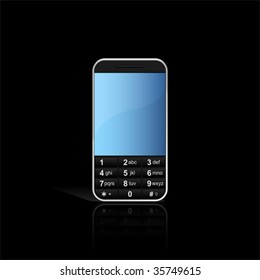 Isolated black mobile phone with reflection on white background