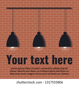 Isolated black modern scandinavian style lamp with three glowing light bulbs on red brick wall loft background with place for your text. Lamp icon. Vector illustration in flat cartoon style.