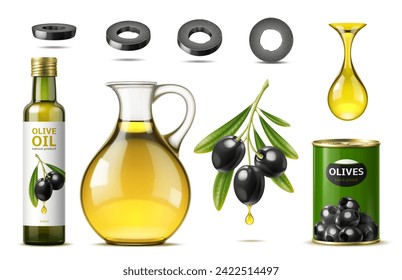 Aceitunas negras aisladas y botellas realistas de aceite de oliva, lata y botella. Frutas vectoriales 3d cortadas y ramificación de árbol verde con gotas extra de aceite virgen. Cocina mediterránea y cosméticos orgánicos naturales