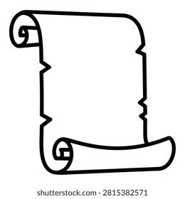 An isolated black outline of an antique scroll of parchment paper. This classic vintage document icon features rolled edges and is perfect for historical projects.
