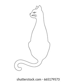 Isolated black outline back of cat with turned head on white background. Curve lines.