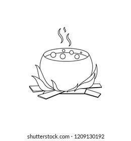 Isolated black outline cartoon cauldron of witch on white background. Curve lines. Page of coloring book. Halloween illustration.