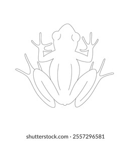 Isolated black outline cartoon frog on white background. Top view frog. Curve lines. Page of coloring book