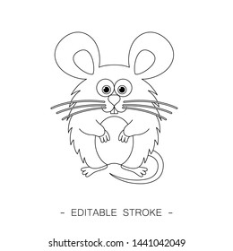 Isolated black outline cartoon sitting mouse on white background. Curve lines. Page of coloring book. Editable stroke.