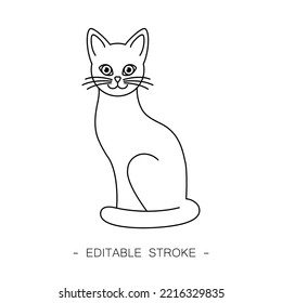 Isolated black outline cartoon sitting cat on white background. Curve lines. Page of coloring book. Editable stroke