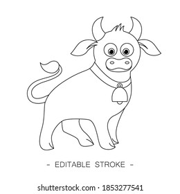 Isolated black outline cartoon standing bull on white background. Curve lines. Page of coloring book. Editable stroke.
