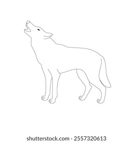 Isolated black outline cartoon standing howling wolf on white background. Side view line wolf. Curve lines. Page of coloring book