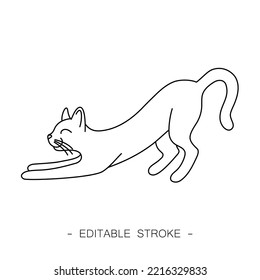 Isolated black outline cartoon stretching cat on white background. Curve lines. Page of coloring book. Editable stroke.
