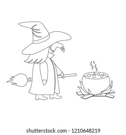 Isolated black outline cartoon witch with cauldron on white background. Curve lines. Page of coloring book. Halloween illustration.