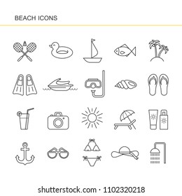 Isolated black outline collection icon of cocktail, badminton, flippers, hat, jet ski, sunglasses, shell, sailboat, anchor, ring rubber, palm, sunscreen, swimsuit photo camera. Set of line beach icon.