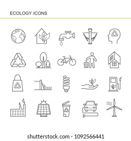 Isolated black outline collection icons of electric car, solar panel, bin, wind hydroelectric tidal power station, bio fuel, eco house, recycling, factory, forest, bicycle. Set of line ecology icon.