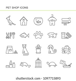 Isolated black outline collection icons of dog, cat, parrot, fish, aquarium, animal food, collar, turtle, kennel, grooming accessories, cage, mouse flower pot rabbit lizard. Set of line pet shop icon.