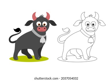 Isolated black outline and colorful cartoon standing bull on white background. Line art antistress. Page of coloring book.