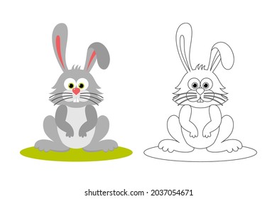 Isolated black outline and colorful cartoon sitting bunny, rabbit on white background. Line art. Page of coloring book.