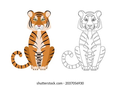 Isolated black outline and colorful cartoon sitting friendly tiger on white background. Animal funny personage. Flat design. Line art. Page of coloring book.