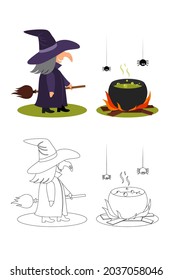 Isolated black outline and colorful cartoon witch with cauldron on white background. Line art antistress. Page of coloring book. Halloween illustration.