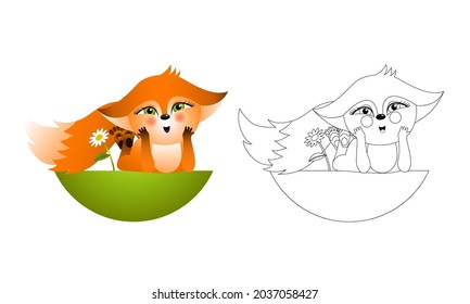 Isolated black outline and colorful cartoon fox cub on white background. Orange happy friendly fox lie on glade and dream. Wild animal funny personage. Line art antistress. Page of coloring book.