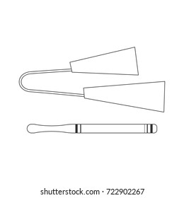 Isolated black outline decorative ornate metal agogo with stick on white background. Line brazilian musical instrument for bateria of capoeira.