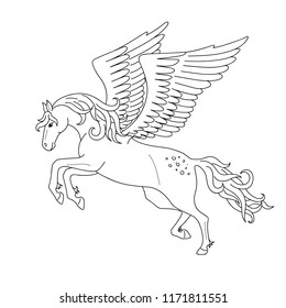 Isolated black outline galloping, jumping pegasus on white background. Side view of horse with wings. Curve lines. Page of coloring book