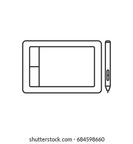 Isolated black outline graphic tablet with stylus on white background. Line icon.