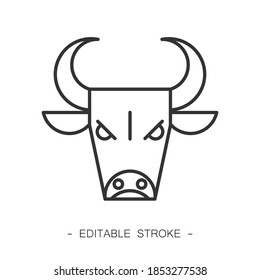 Isolated black outline head of bull on white background. Aggressive angry bull. Logo line design. Simple icon.