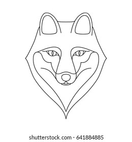 Isolated black outline head of fox on white background. Line cartoon portrait.