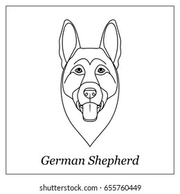 Isolated black outline head of german shepherd on white background. Line cartoon breed dog portrait.