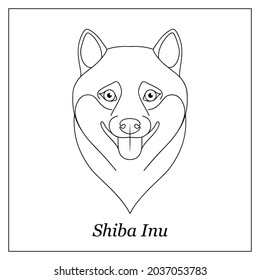 Isolated black outline head, portrait of shiba inu on white background. Happy dog. Curve lines. Page of coloring book.