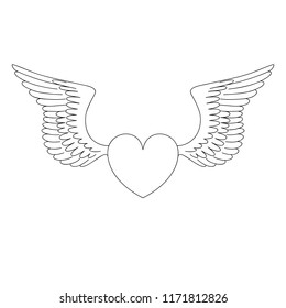 Isolated black outline heart with pair of wings on white background. Curve lines
