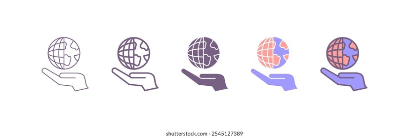 Isolated black outline icon of planet, earth in hands on white background. Line icon of globe and hands.