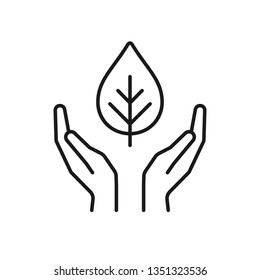 Isolated black outline icon of plant in hands on white background. Line icon of leaf and hands. Symbol of care, protection, charity