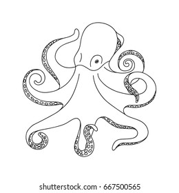 Isolated black outline monochrome octopus on white background. Curve lines. Page of coloring book.